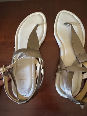 Cole Haan Metallic Taupe Leather Strappy Thong Sandals